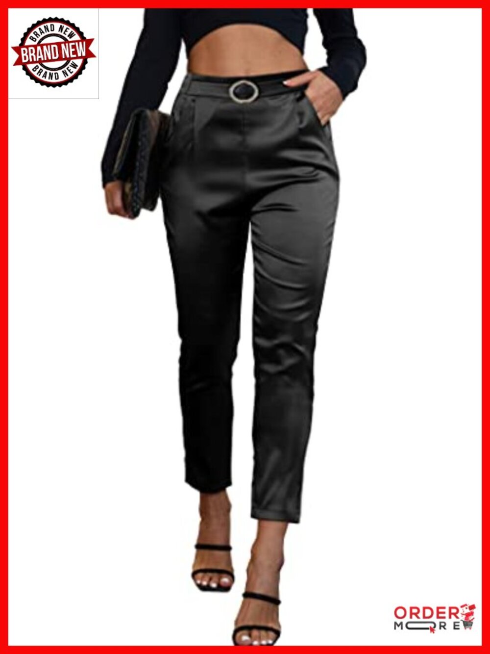 Women's Satin Dress Pants High Waist Pull On Ankle Party Wedding Casual